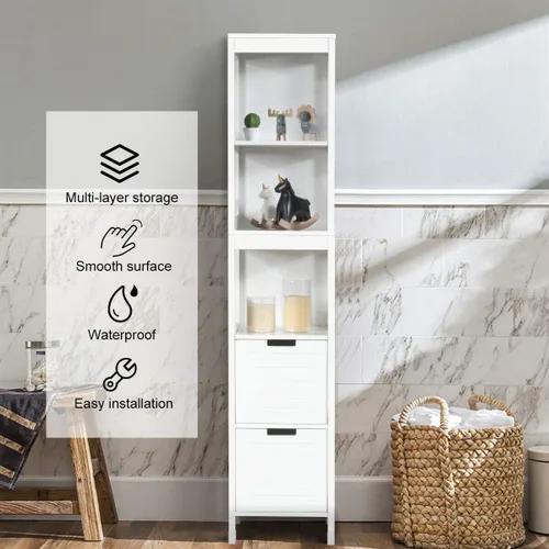 Vista 6 de Tangkula Gabinete de Almacenamiento Alto para Baño, Independiente de 57" de Alto Gabinete de Piso Delgado para Baño con Estantes Abiertos de 3