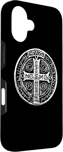 Vista 3 de Funda cristiana católica para iPhone 16 con medalla de San Benito de San Benito