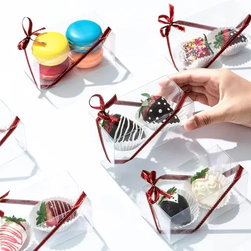 Vista 4 de RomanticBaking - Cajas de fresas cubiertas de chocolate transparente, paquete de 50 4 1/2" x 2 1/4" x 2", para 2 macarrones, para 4 panaderías