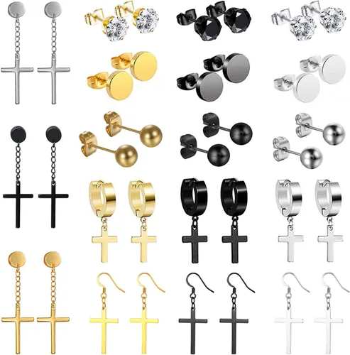 Vista 9 de OIDEA 12/14/15/18 pares de aretes para hombre: aretes de acero inoxidable para hombre, juego de aretes de aro colgantes con cruz, regalo de joyería