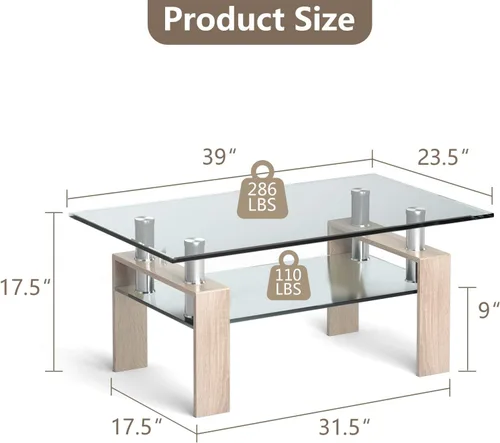 Vista 3 de Tangkula Mesa auxiliar rectangular de cristal, mesa auxiliar moderna con estante inferior, mesa de vidrio templado y patas de metal, adecuada