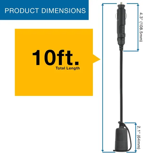 Vista 4 de Conntek RL-13210-10 Cable de extensión de 12 voltios y 10 pies de CC con enchufe fusionado para encendedor de cigarrillos de 10 amperios