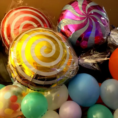 Vista 5 de Juego de globos de caramelo dulce con temática de remolino, helio, globos de aluminio de Mylar para fiesta, cumpleaños, suministros de decoración