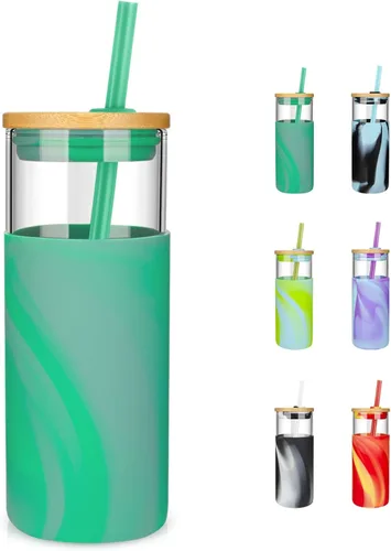 Vista 44 de Tronco Vaso de vidrio de 20 onzas con tapa y popote, taza de café helado y vaso para batido con tapas de bambú y funda protectora de silicona, apto