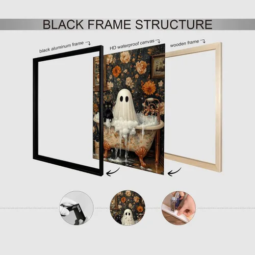 Vista 3 de Lienzo enmarcado negro para pared, póster de Halloween Dark Academia, pintura de gato negro, fantasma en la bañera, imágenes góticas de terror