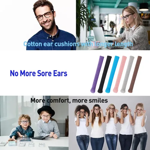 Vista 7 de Cojín de oreja para lentes de longitud más larga con algodón de punto suave, agarre elástico antideslizante para gafas, puntas de patillas de lentes
