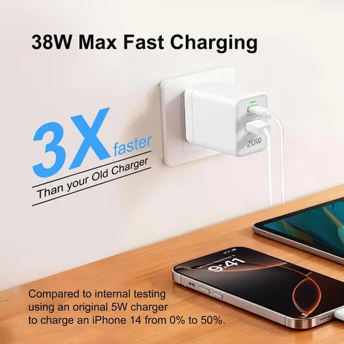 Vista 2 de Bloque de cargador USB C personalizado, 10-500 unidades, cargador compacto de 20 W de 2 puertos con enchufe plegable para iPhone serie 17/16, Galaxy