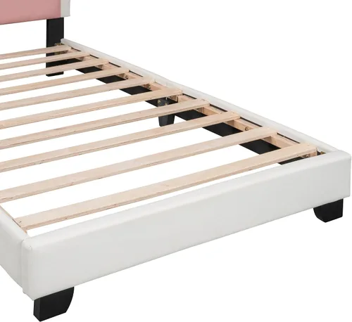 Vista 8 de Cama de plataforma tapizada de tamaño individual, marco de cama de plataforma de madera con cabecera en forma de corona, elementos de dibujos