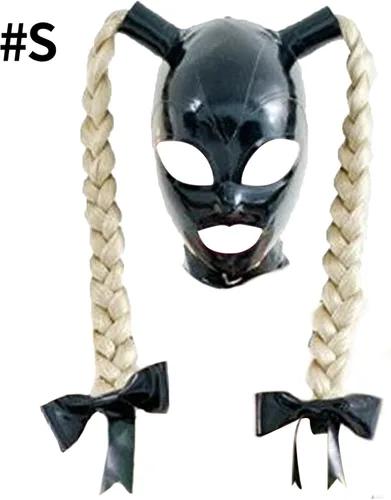 Vista 2 de Peluca de látex con capucha de látex unisex para fiestas, peluca de cola de caballo abierta para parejas sexys, cosplay, máscara facial
