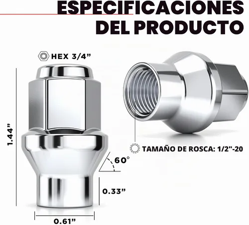Vista 2 de White Knight Tuercas roscadas de 1/2 a 20 para ruedas de repuesto o de fábrica, 4 tuercas cromadas - Asiento ET Bulge - Acero al carbono para una