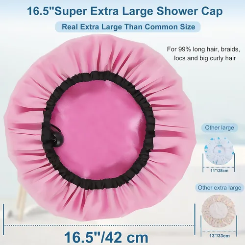 Vista 3 de 3 gorros de ducha súper extra grandes de 16.5 pulgadas, gorro de ducha reutilizable doble impermeable para mujer, gorro de ducha jumbo con forro