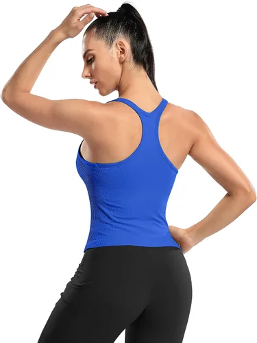 Vista 187 de ATTRACO Camiseta corta acanalada de entrenamiento para mujer con brasier integrado para yoga, espalda cruzada, ajuste ajustado