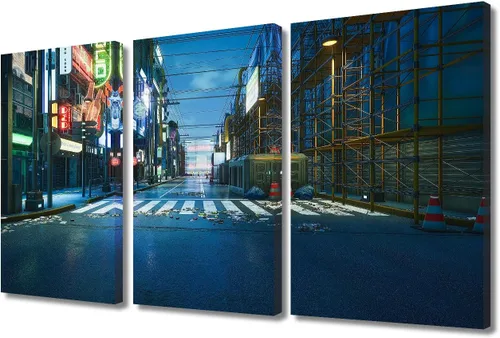 Vista 60 de Arte de pared de 3 piezas de escena de ciencia ficción de la calle comercial futurista paisaje urbano, decoración de pared para dormitorio