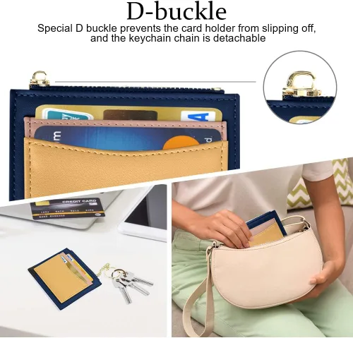 Vista 15 de URAQT Cartera para tarjetas de crédito, cartera minimalista de cuero delgado con cremallera, mini protector de tarjeta de crédito, llavero bolsillo