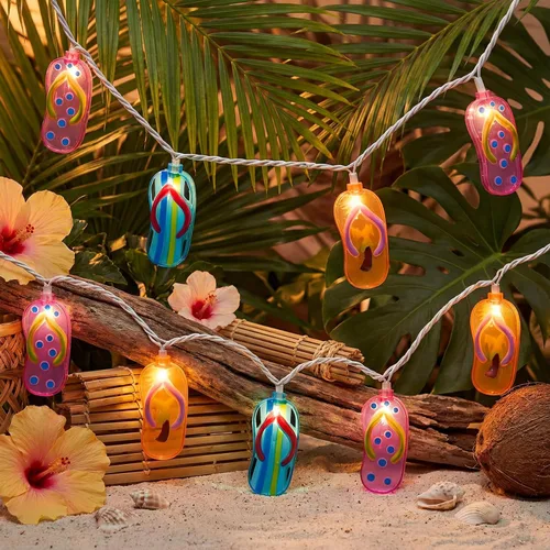 Vista 9 de Luces de cadena tricolor de pantuflas de 8.5 pies, luces de chancletas con temática de playa tropical al aire libre con 10 bombillas de plástico