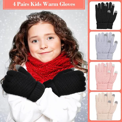 Vista 5 de 4 pares de guantes de punto para pantalla táctil de invierno para niños