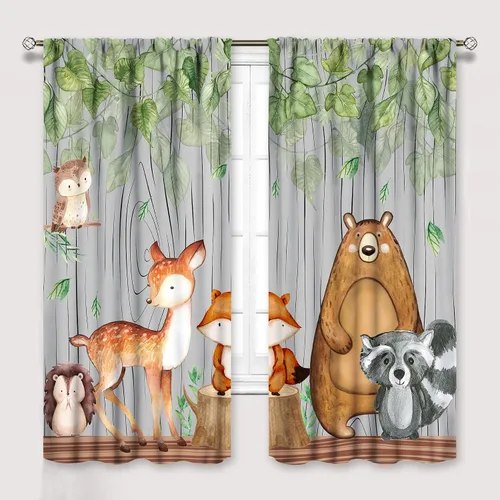Vista 16 de YCness Cortinas para niños y niñas, diseño de animales de la selva, bosque de otoño, dibujos animados, ciervos, conejos, zorros, búhos, cortinas