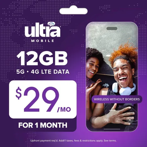 Vista 12 de $19/mes. Plan telefónico prepago Ultra Mobile con llamadas ilimitadas, texto y 3 GB de 5G • Datos 4G LTE (kit de tarjeta SIM)