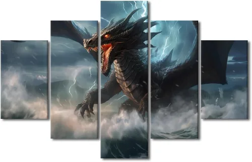Vista 43 de Lienzo decorativo para pared de sala de estar, lienzo de dragón, 5 paneles, dragón verde, decoración de pared para el hogar, decoración de pared