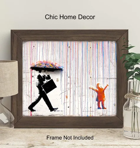 Vista 2 de Banksy - Póster de graffiti cantando bajo la lluvia, arte callejero de 8 x 10, decoración de habitación, decoración de pared, regalo inspirador
