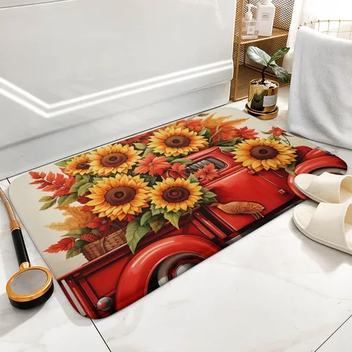 Vista 5 de Tapetes de baño de camiones rojos, girasoles y hojas de arce, tapete de puerta de Acción de Gracias o Halloween, tapete de ducha antideslizante