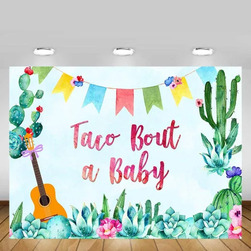 Vista 2 de Fondo de fiesta de taco de 7 x 5 pies, para fiesta de bebé, para el cinco de mayo, niño mexicano, baby shower, fotografía, cactus, decoración