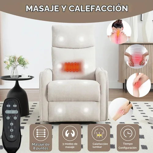 Vista 6 de Silla reclinable giratoria, sillón giratorio para sala de estar, silla reclinable deslizante con calor y masaje, color beige