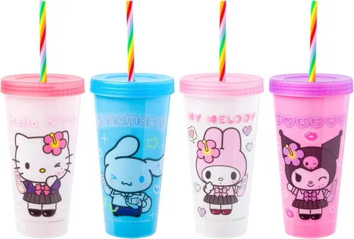 Vista 27 de Silver Buffalo Care Bears Corazones y Estrellas Juego de 4 Vasos de Plástico Cambian de Color con Popotes de Espiral Arcoíris con Tenderheart