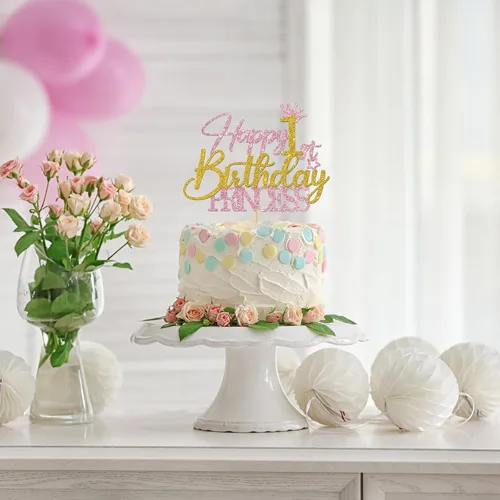 Vista 4 de Decoración para pastel de princesa de primer cumpleaños, suministros para pastel de primer cumpleaños para niña, decoraciones de fiesta