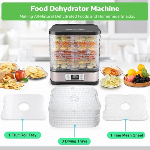 Vista 6 de Homdox Deshidratador de alimentos para carne seca y frutas, 8 bandejas sin BPA, temporizador de 72 horas y control de temperatura de 158 °F, máquina