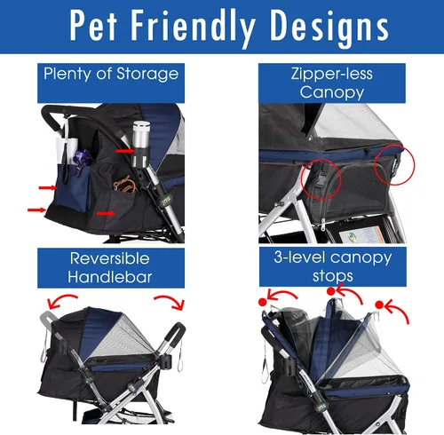 Vista 4 de HPZ Pet Rover - Cochecito de viaje resistente para perros, gatos y mascotas, con compartimento convertible, entrada sin cremallera, mango