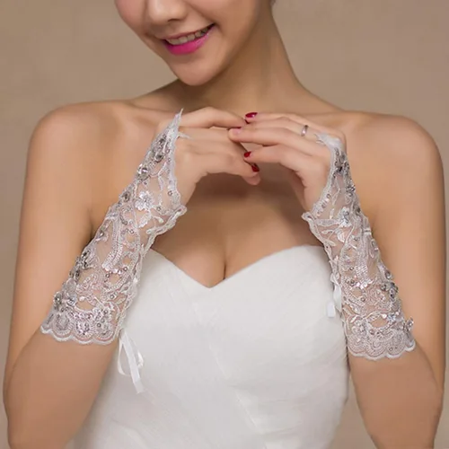 Vista 5 de Ayliss Guantes de encaje sin dedos con diamantes de imitación para fiesta de boda