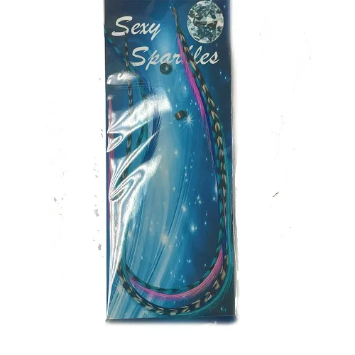 Vista 2 de Extensión de pelo de plumas: Remix de sirena Grizzly, cinco plumas de gallo auténticas, todas unidas, que van de 6 a 12 pulgadas de largo, con una