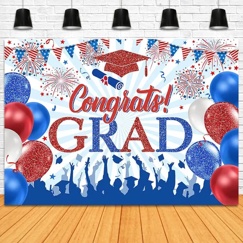 Vista 4 de Telón de fondo rojo y azul de felicitaciones graduadas de 8 x 6 pies para la clase de 2026, decoración de fiesta de graduación rojo, azul y blanco