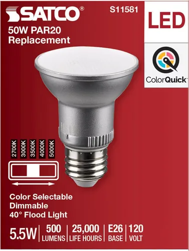 Vista 4 de Satco S11581; LED PAR20 de 5.5 vatios; base media; acabado plateado; CCT seleccionable; 120 voltios; ángulo de haz de 40 grados