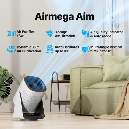 Vista 2 de COWAY Purificador de aire para hogar y dormitorio, 2 en 1 con ventilador, filtro HEPA verdadero para humo, alergias, caspa de mascotas, olores