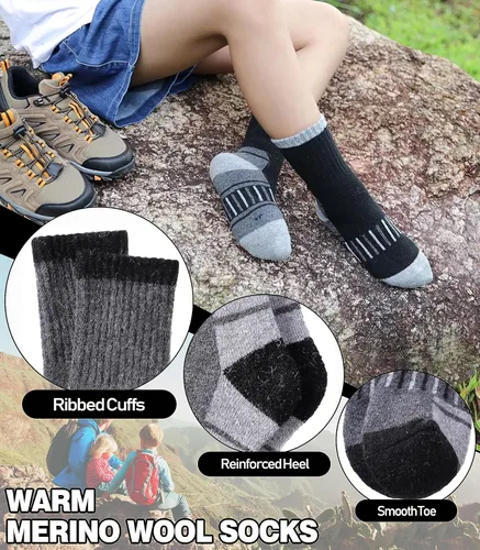 Vista 2 de LINEMIN Calcetines de senderismo de lana merino para niños y niñas, cálidos, gruesos, térmicos, acolchados, para invierno, 6 pares