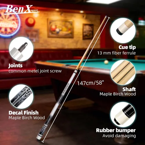 Vista 2 de 58" Billiard Cue Stick with13mm Cue Tip Maple Birch Pool Cue