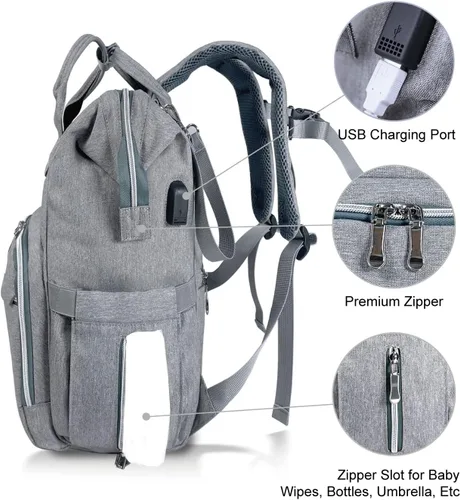 Vista 6 de Mr. Peanut's Tili Dili - Mochila de pañales prémium con puerto de carga USB, PlatinoGris, Mochila