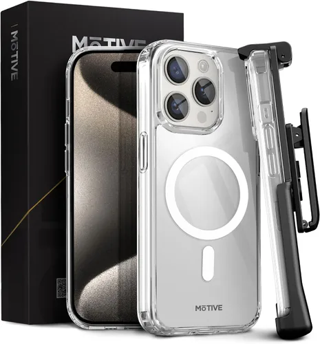 Vista 10 de MOTIVE - Funda transparente para iPhone 15 con clip para cinturón, 6.1 pulgadas Crystal Series, nunca amarillo, probado contra caídas de 10 pies