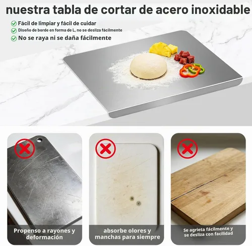 Vista 7 de Tabla de cortar para cocina, tabla de cortar de acero inoxidable con labio, tabla de cortar de metal para carne, verduras, frutas y masa de pan