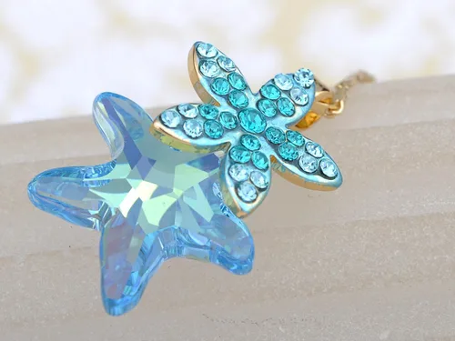 Vista 4 de Alilang Collar de moda con elemento de estrella de mar de zafiro claro y aguamarina, Metal