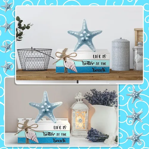 Vista 5 de Spiareal 4 piezas de decoración de mesa de playa de verano, estrellas de mar, conchas de mar, bandeja escalonada, bloque de madera, libro apilado