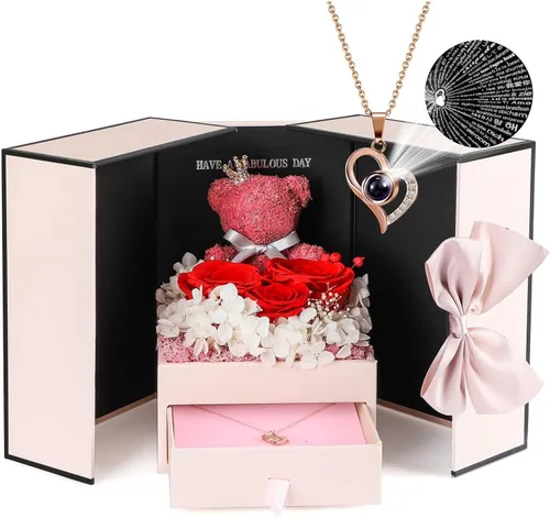 Vista 15 de AddWel Regalos de rosas para mujer, rosas azules reales preservadas con collar I Love You en 100 idiomas y lindo oso de musgo para novia, esposa