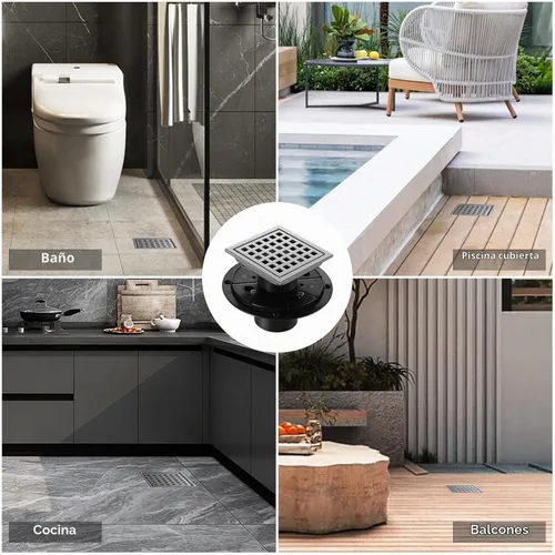 Vista 8 de Desagüe de ducha, desagüe de piso cuadrado cromado de 4 pulgadas con brida, panel de rejilla extraíble plateado de acero inoxidable SUS 304, desagüe