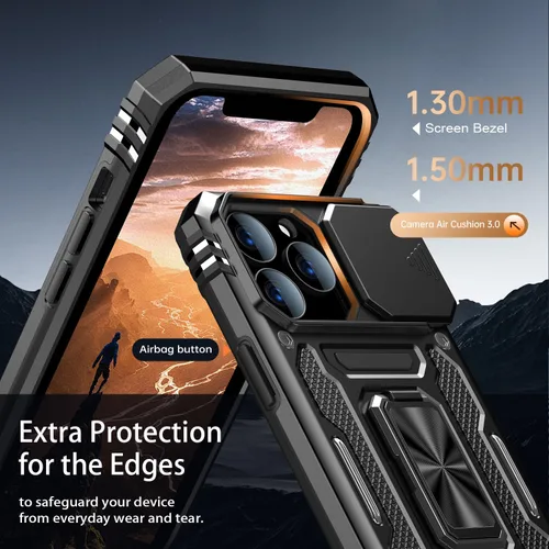 Vista 5 de MERRO Funda para iPhone 13 Pro con protector de pantalla, protección de cámara deslizante, funda resistente de grado militar con soporte magnético