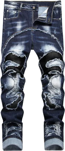 Vista 51 de Baylvn - Pantalones de mezclilla para hombre con diseño patchwork, ajustados y cómodos, estilo motociclista 3132 Camuflaje y azul