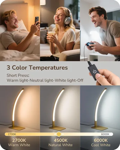 Vista 4 de EDISHINE Lámpara de mesa LED curva, moderna lámpara de noche con 3 temperaturas de color y atenuación continua, aluminio y hierro, lámpara de mesita