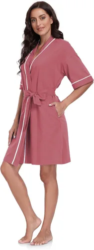 Vista 21 de COLORFULLEAF Bata de baño de manga corta para mujer, 100% algodón, longitud hasta la rodilla, con bolsillos