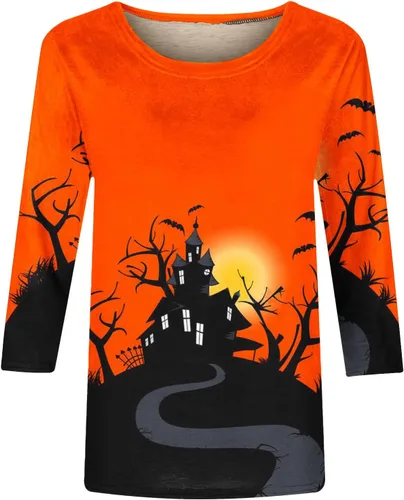Vista 4 de nhApmj Camisetas de Halloween de manga 34 para mujer, moda de otoño 2023, cuello redondo, estampado de Halloween, sudadera ajustada